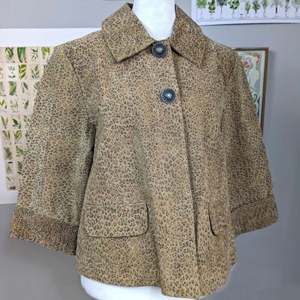 AMI Leather Jacket Leopard Animal Print Swing Lined Pockets Size Small